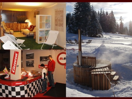 Top Left: Head to the relax Room after your shot in the jacuzzi/hot-tub, Bottom Left: The Fast Room, Right: The Hot-tub in snow with a lovely sunset!