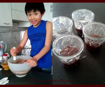 Left: Tobias helping to mix the batter, Right: the mini cakes before they go into the fridge.