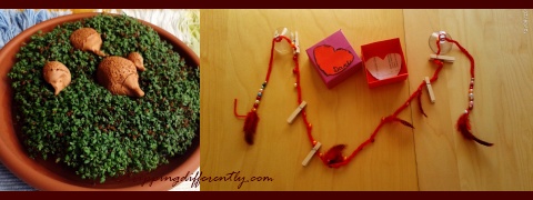 He grew some cress and made clay hedgehogs to decorate the plate. He also crocheted a line, decorated with beads, to be used a hanging picture line.