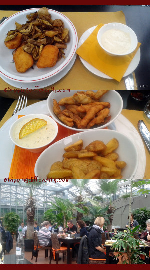 Top: Chicken Nugget and Banana Chips with an unusual dip. Middle: Sturgeon Fingers, Chips and a great housemade tartar sauce. Bottom: The restaurant. This is called the Terrace & there is another part which looked more classy.