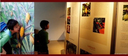 Left: Attempting to eat the fake cocoa bean pod, Right: Reading interesting chocolate facts.