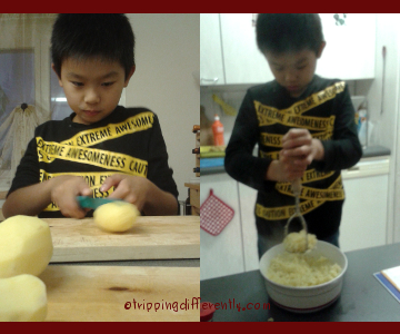From Left: cutting potatoes, mashing potatoes...