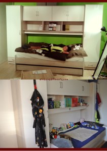 Top: Tobias enjoying the bed in the showroom. Bottom: Bed/Cupboards set up in his room with all his stuff in/on them...