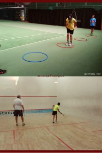 Top: Warm-up exercise during tennis. Bottom: Tobias trying to hit that tiny squash ball.